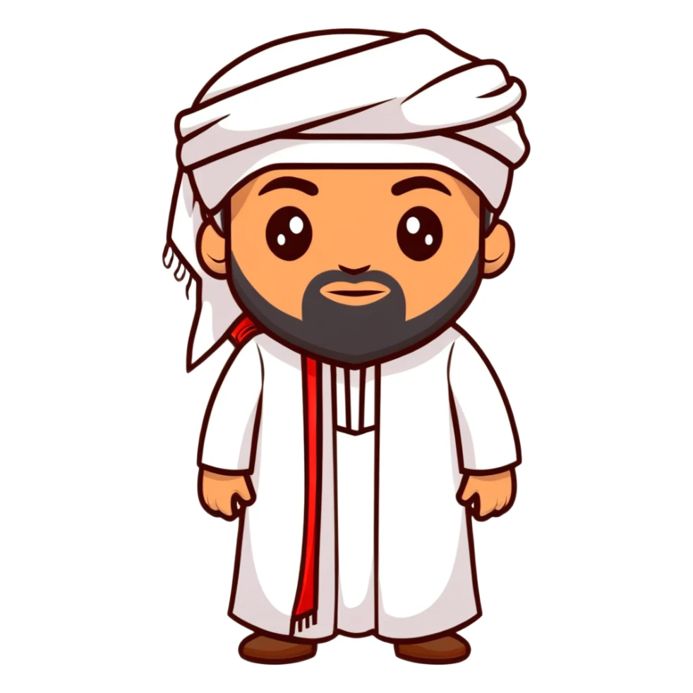 Saudi man with sharp features, wearing a white thobe and a red shemagh, wide beard sticker