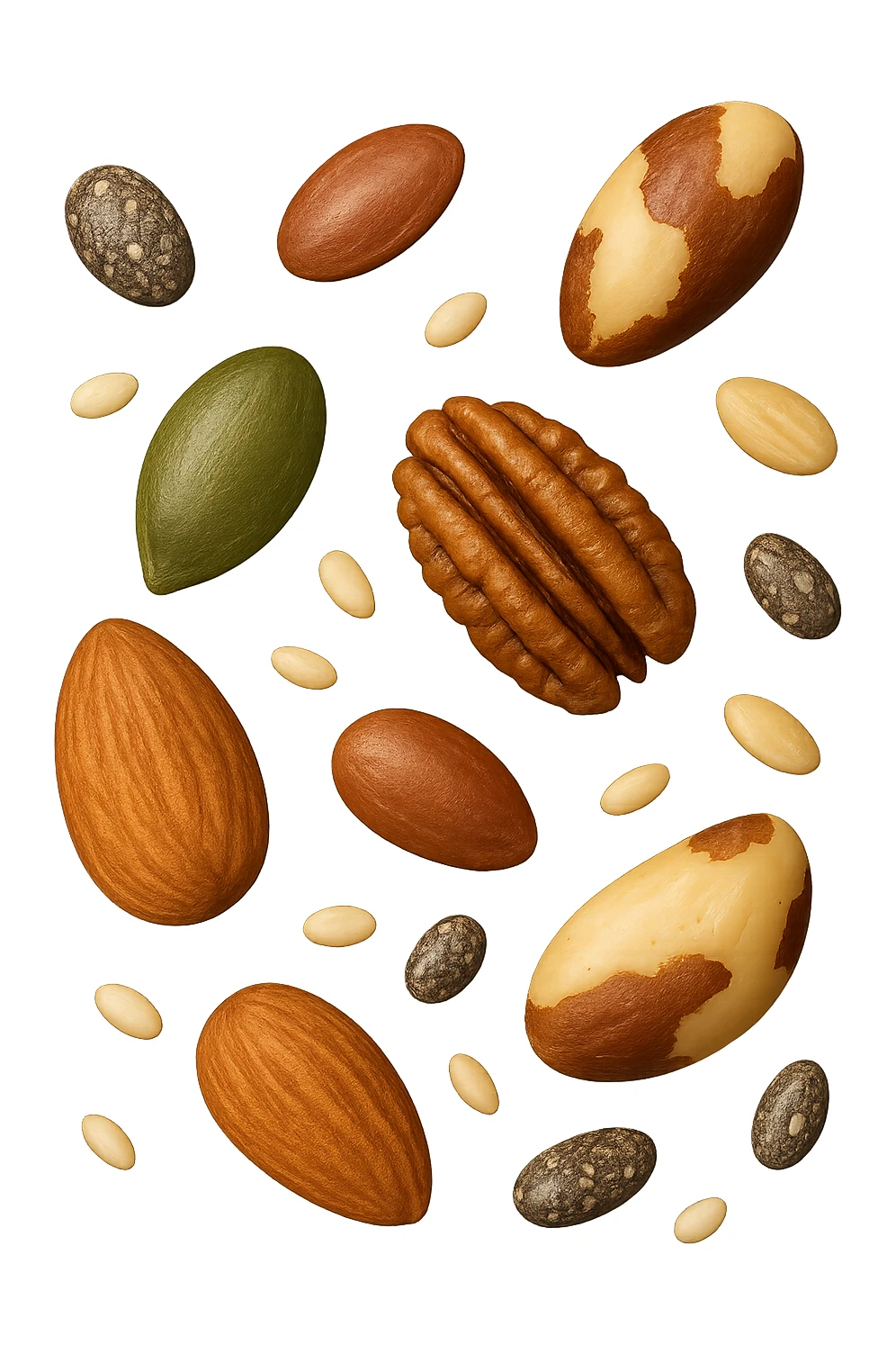 emoji stile iphone 3d di questi elementi che fluttuano in aria:

Semi di chia, lino, zucca, sesamo
Mandorle, noci pecan, noci brasiliane (porzioni limitate)

 che fluttuano sparse casualmente in aria, iperealistico 4k sticker
