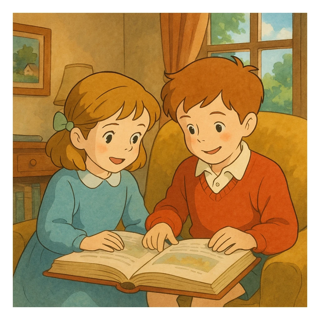 Janet and John story scene in ghibli style sticker