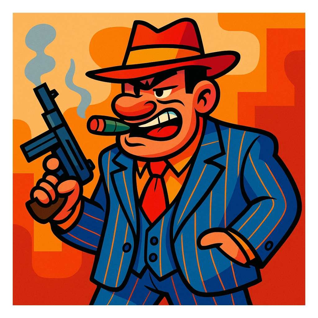 gangster character, highly cartoonish, exaggerated vibrant toon style sticker