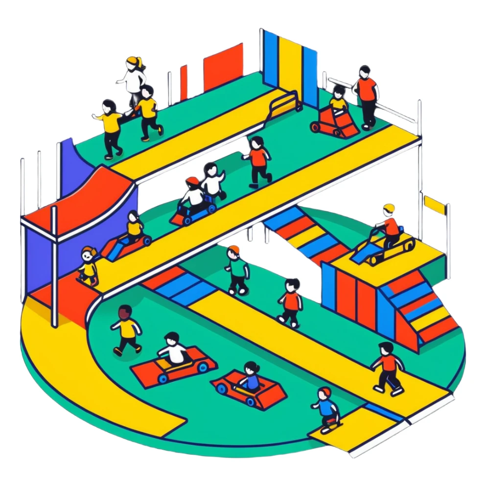 cartoon inclusive activity space with bright colors, ramps, and diverse people sticker