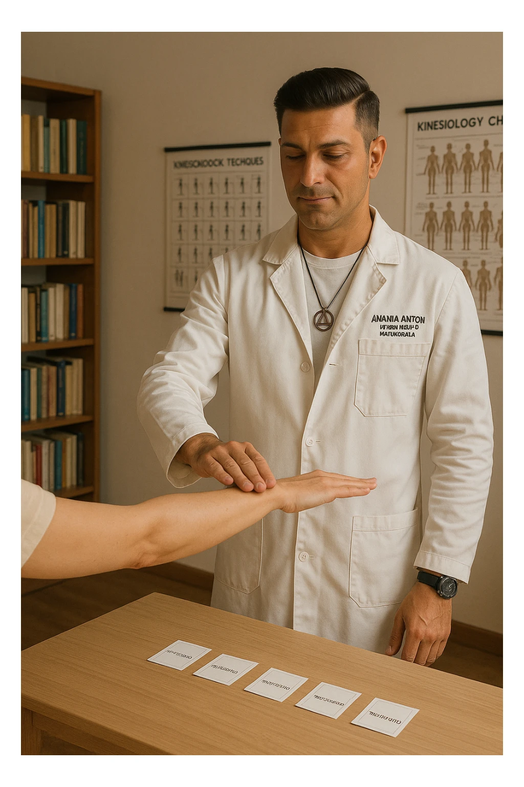 a middle-aged man in a calm, well-lit studio, wearing casual professional attire, performs a classic muscle test on a client’s outstretched arm. On a nearby table, there are small envelopes or vials labeled “testimone” representing samples or objects connected to a distant person. The atmosphere is focused and serene, with books and charts about kinesiological techniques in the background. sticker