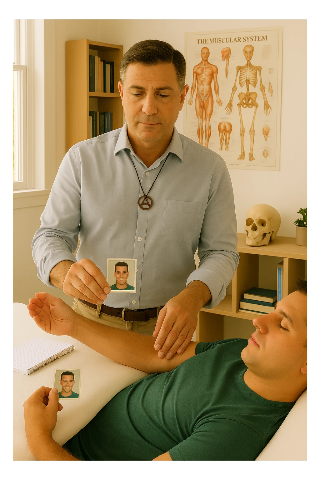 a middle-aged man, dressed in casual professional attire, is in a bright, organized therapy studio. Durante una visita di kinesiologia, il ragazzo tiene con una mano la foto di una persona lontana (il “testimone”) tiene la foto in mano, mentre con l’altra mano esegue un test muscolare su un cliente presente senza foto lui non tiene la foto. Sullo sfondo si vedono libri di kinesiologia, poster anatomici e strumenti tipici della disciplina. L’atmosfera è concentrata e serena, con luce naturale che entra dalla finestra, sottolineando l’aspetto alternativo e umano della pratica. sticker