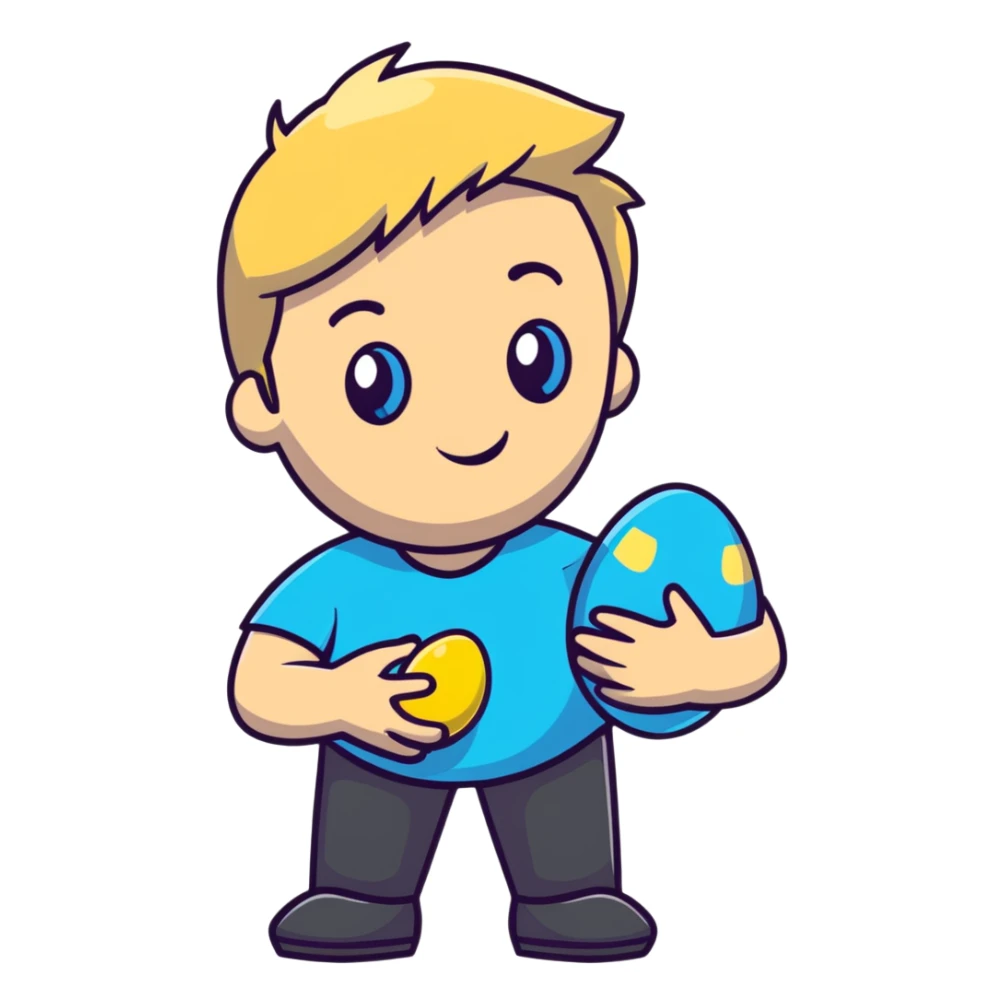 Guy with blonde hair and blue eyes with a short beard with an easter egg in his hand sticker