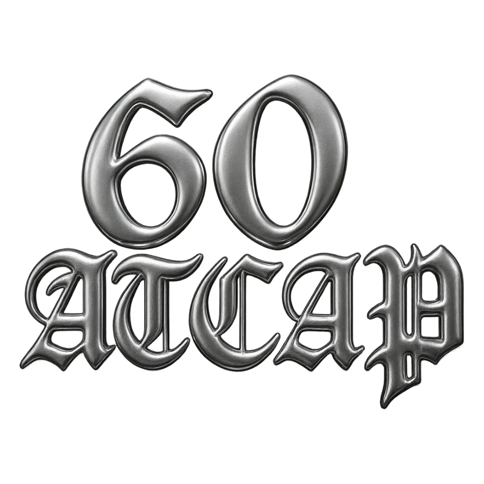 Add a cap graphic in the same Chrome Hearts style, with metallic chrome effects, gothic details, and ornate embellishments, keeping the '60ATCAP' text and overall look. sticker