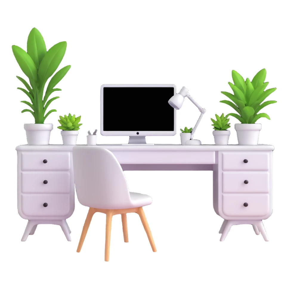 bright clean teenage room with white furniture, white vanity, white desk, white bed, and potted plants sticker