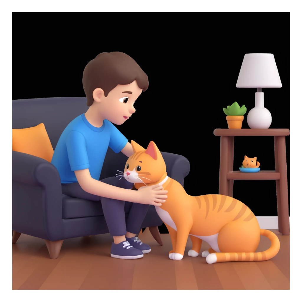 boy and cat pet, living room background sticker