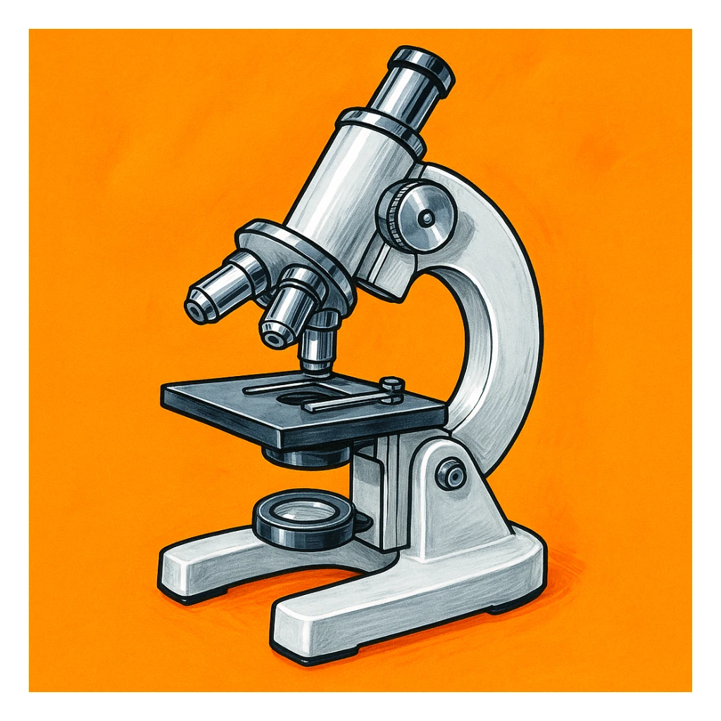 Сгенерируй мне микроскоп в рисованном, ярком стиле, на однородном фоне, он должен быть металлический, выглядеть серьезно, но при это ярко. Он пусть будет полностью бело-металлическим sticker