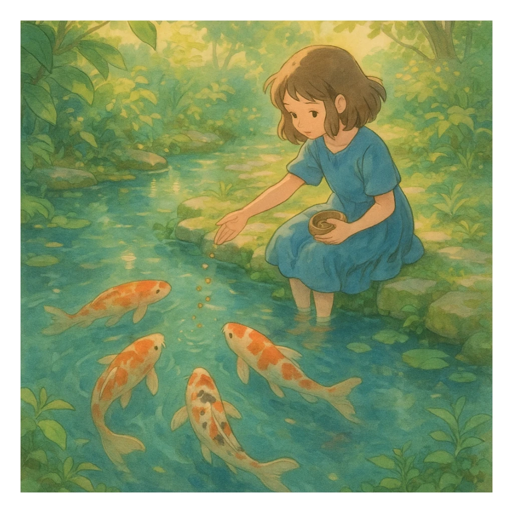 girl feeding koi fish in a pond sticker