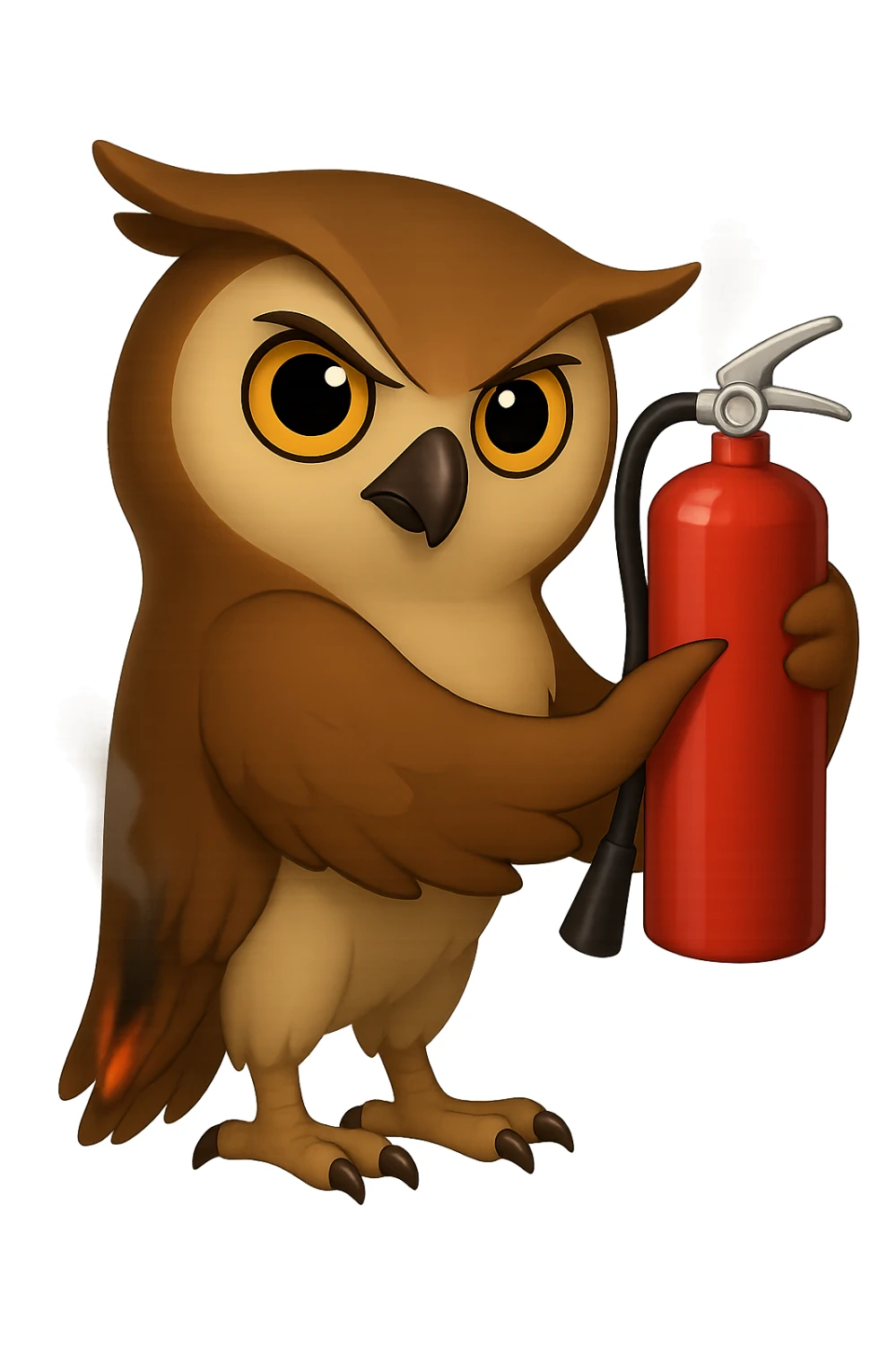 Точно такая же картинка и поза, только в другом крыле сова держит огнетушитель, хвост совы слегка подгорел и от него идет дымок, прозрачный фон sticker