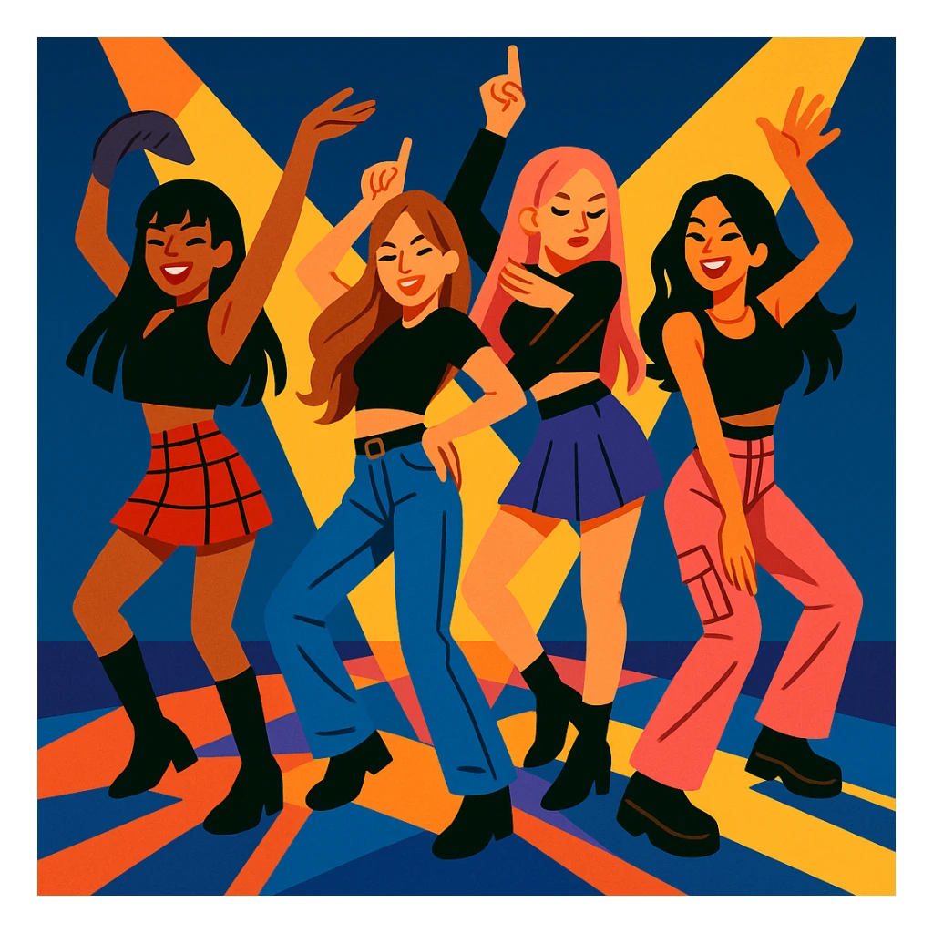 Blackpink K-pop idols, dynamic dance pose, trendy fashion, spotlight effect, energetic and stylish sticker