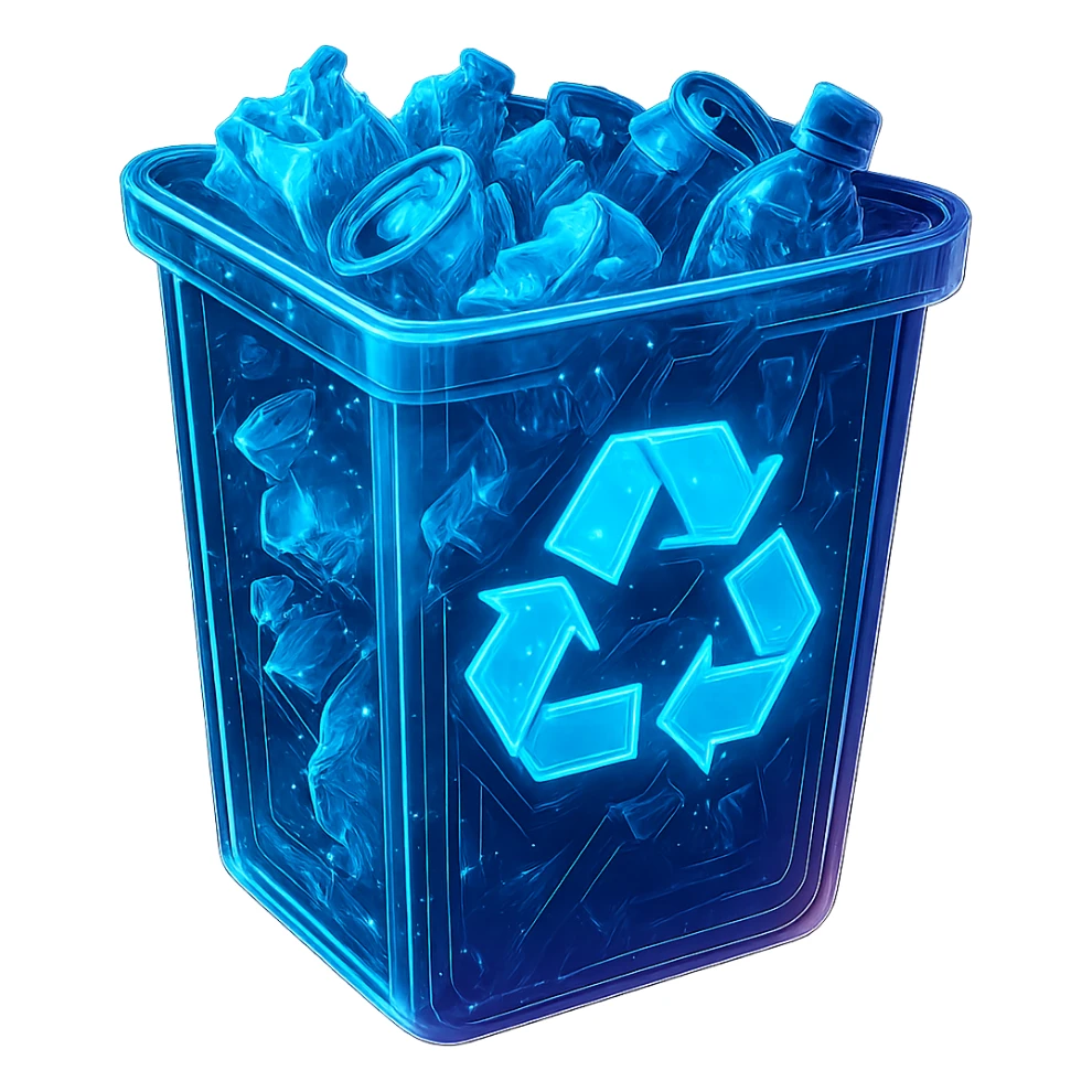 Add visible trash inside the exact cyberpunk recycle bin image. Keep the design, style, and perspective of the bin unchanged. The trash should be clearly visible inside the bin. Maintain the glowing neon blue and pink edges, circuit patterns, and transparent background exactly as they are, preserving the cyberpunk aesthetic. sticker