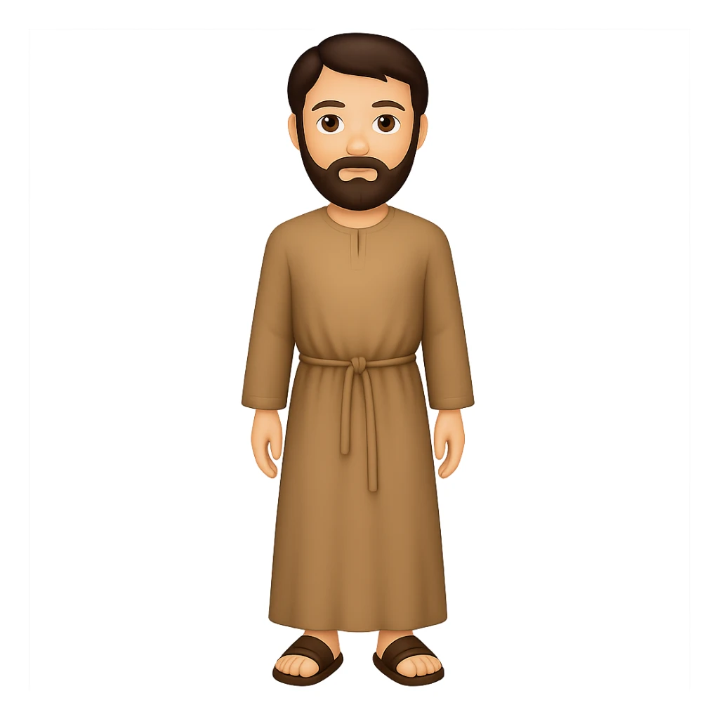 Create a full body, standing front view of Saint Joseph in an emoji style. He should wear a long tan robe similar to the reference image, have dark brown hair and beard. The background should be removed, leaving only the figure. sticker