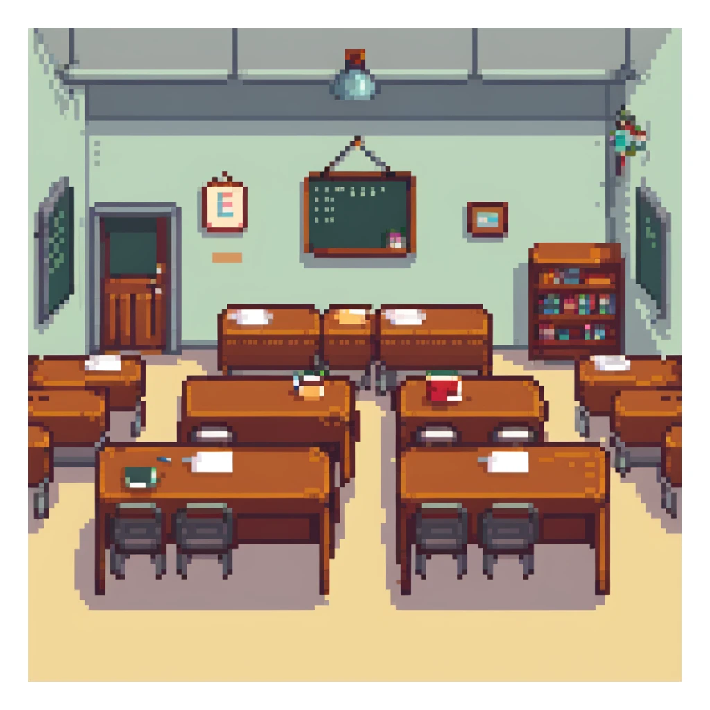 classroom scene with many students and a teacher in pixel art style sticker