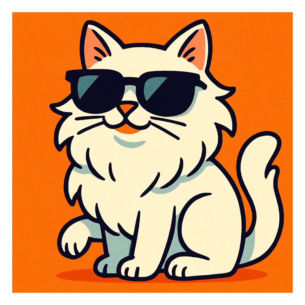 white long-haired cat with black sunglasses, playful cartoon style sticker