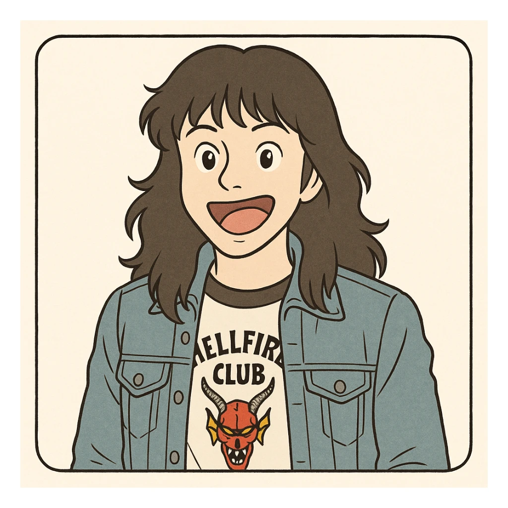 Eddie Munson from Stranger Things, iconic look: long hair, denim jacket, Hellfire Club t-shirt, animated expression, simple line art, light pastel tones, thick outlines, in Ghibli style, square 1:1 format. sticker