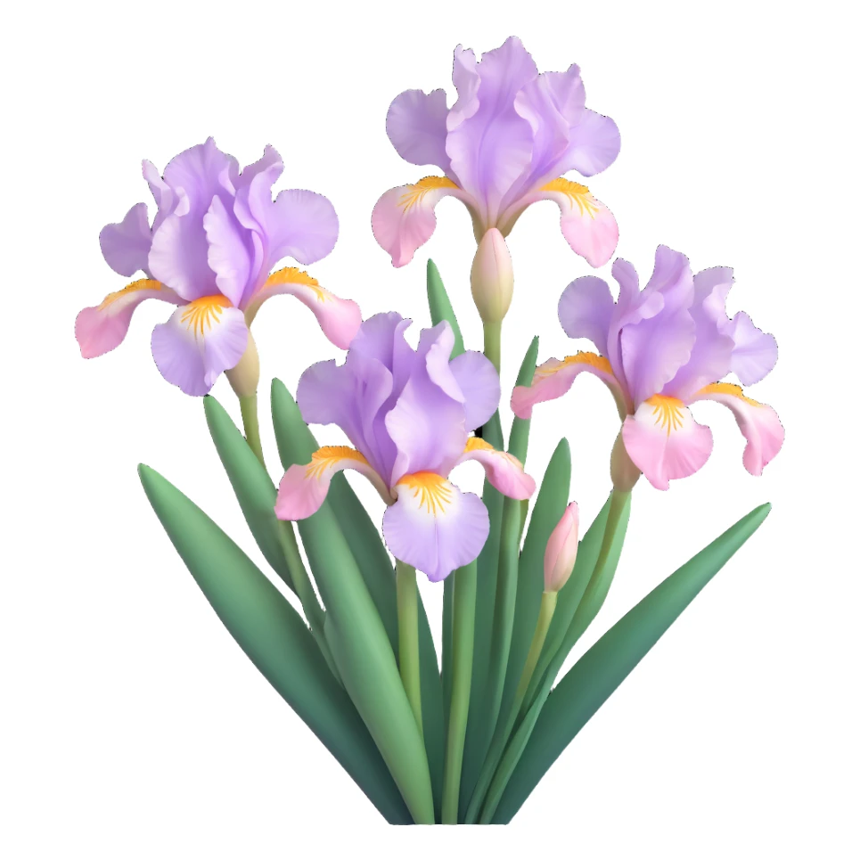elegant iris blossoms, glossy, soft pink and white petals, modern and fresh, minimalistic background, iOS 3D emoji style sticker