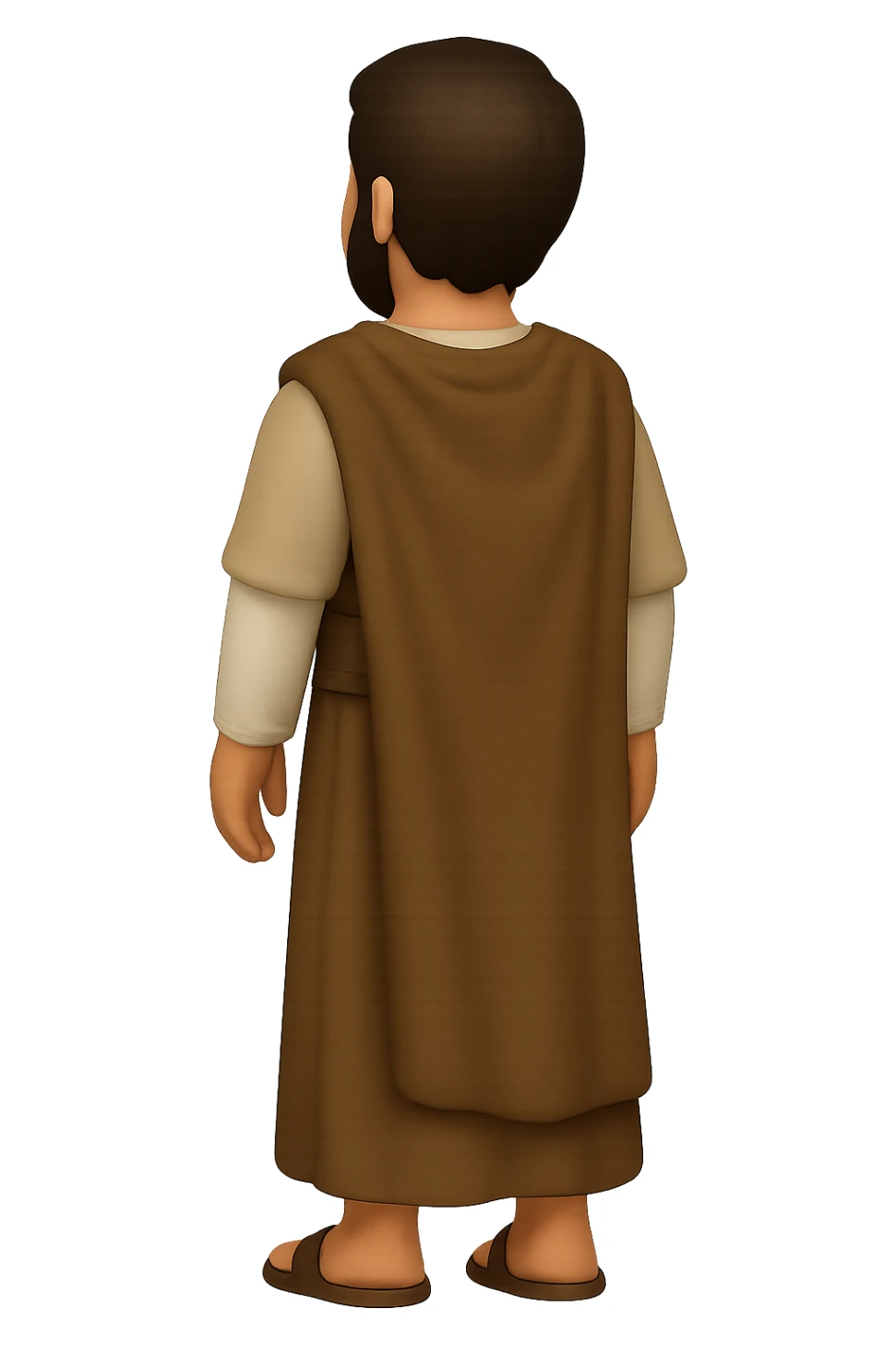 Edit the image to show a back view, centered full body, facing away, in classic emoji style. Depict apostle Peter with short hair, no hood, arms down by sides, smiling, full beard, wearing long sleeve brown clothes with beige details and a cape. No background. sticker