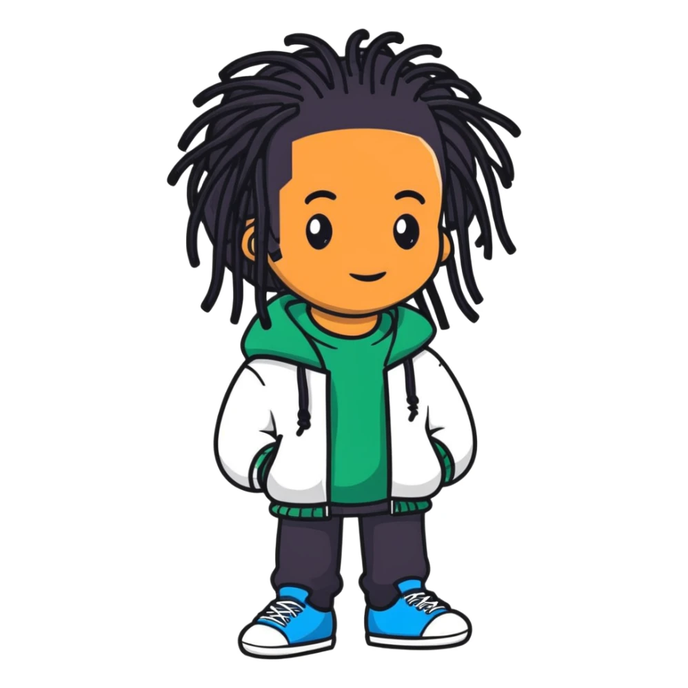 Steve Lacy with black dreadlocks and his signature style sticker