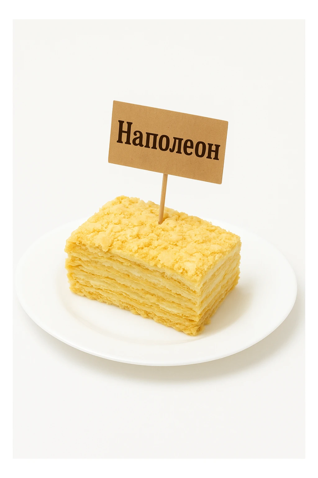 Сгенерируй мне такую же тарелку с кусочком наполеона, но что в нем торчала шпашка и на ней было написанно Наполеон  sticker