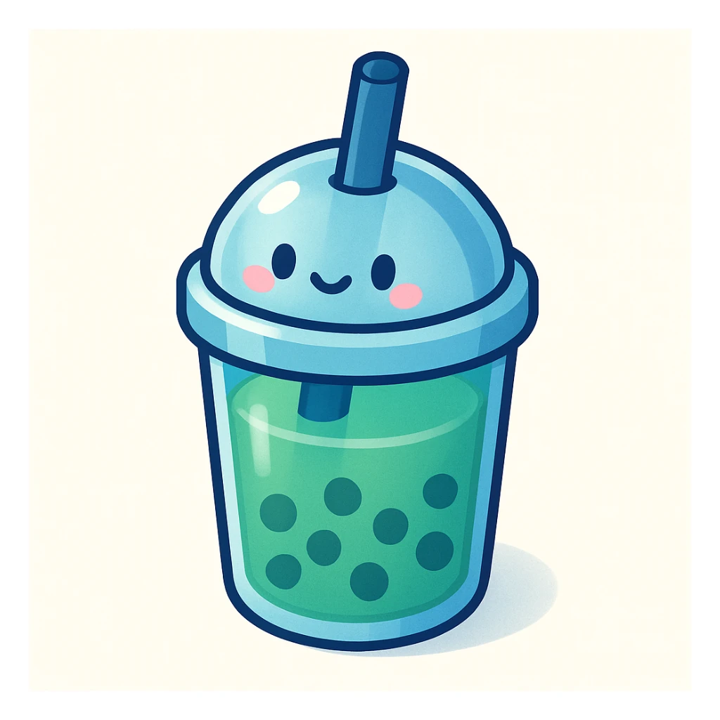 bubble tea cup with a rounded cute lid, blue cup, green drink inside, vector hand-drawn style, clear bold outlines, strong shadows and highlights, extra cute, matte glass effect sticker
