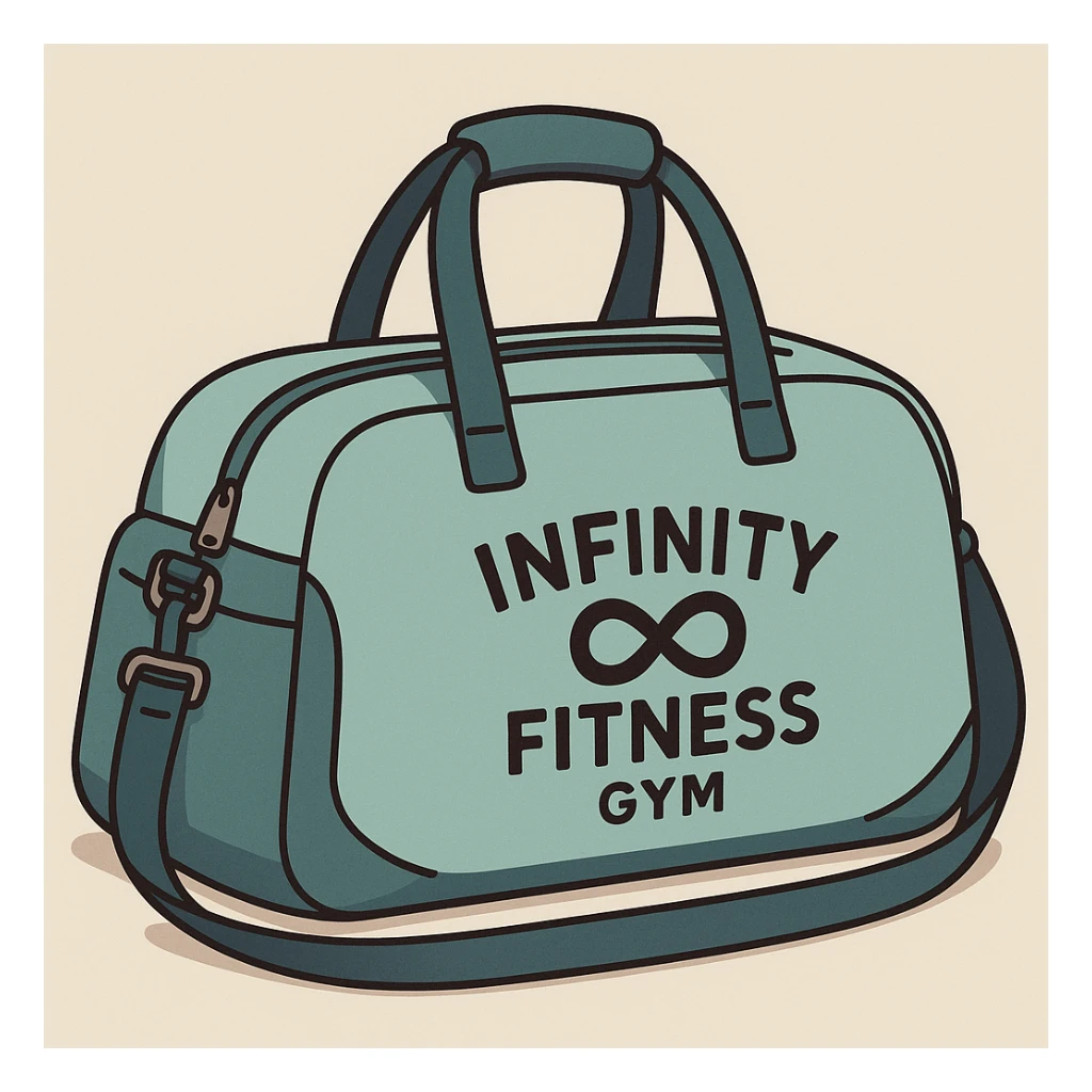 modern gym bag with 'Infinity Fitness Gym' printed on it, minimal flat style, clean and professional look sticker