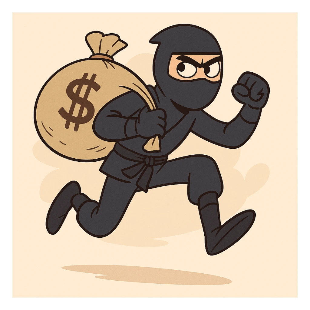 a stealthy ninja carrying a sack of cash, energetic, minimal background sticker