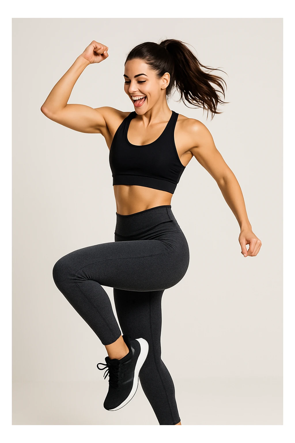 workout girl with brown hair, energetic pose, modern athletic outfit, clean background sticker