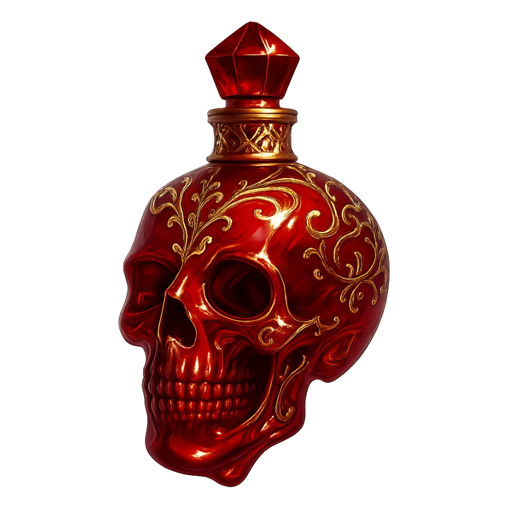 luxurious red elixir bottle in the shape of a skull, very small, barely visible golden collar, lots of shine, edges, light refractions, golden details, ornaments, magical effects, transparent background, beautiful merging bottom, bottle clearly hanging in the air, no base or shadow, premium class impression, design matching a collection of crystal, luxurious, magical bottles sticker