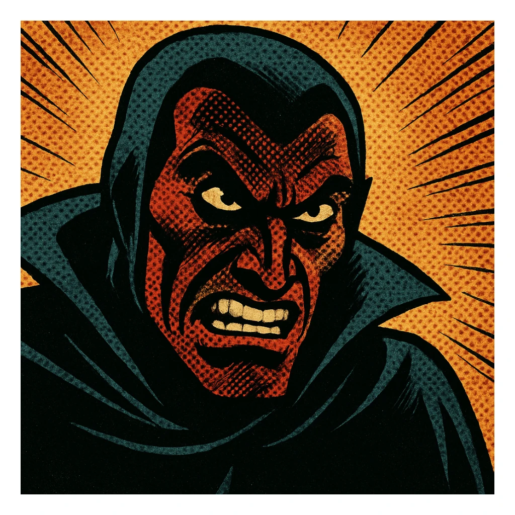 villain character, menacing expression, dark colors, comic book style sticker