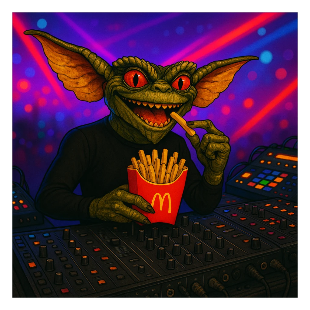 Change the gremlin's see-through mesh top to black, keep the techno party and McDonald's fries theme. sticker