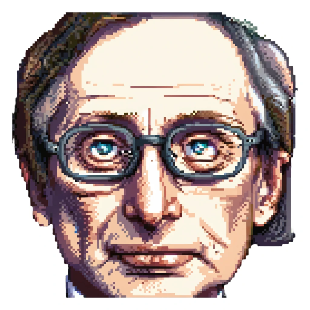 close-up pixel art of Stephen Hawking's face with glasses and a slight smile, simplified pixel art details sticker