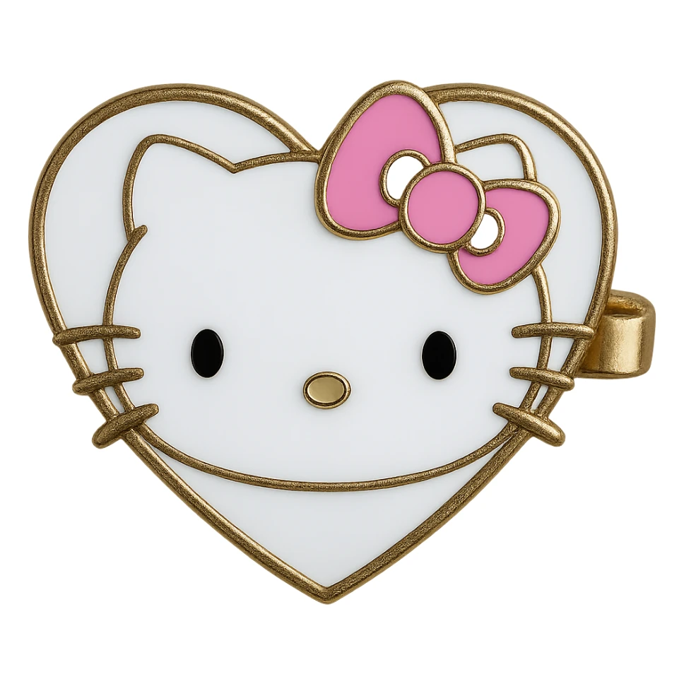 Edit the realistic Hello Kitty hair pin to change the pin shape to a heart while keeping the Hello Kitty face and bow on the pin. Maintain the realistic style and transparent background. sticker
