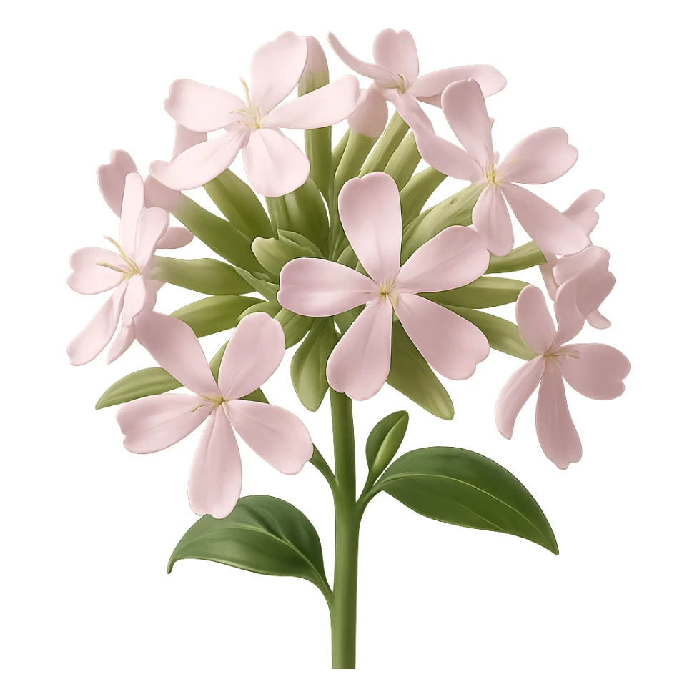 Create 3D iOS-style realistic soapwort (Saponaria) flowers with delicate pale pink petals, green stems and leaves, soft lighting, and a glossy effect. The image should have no background. Render in the style of GPT Image to capture the realistic and detailed look. sticker