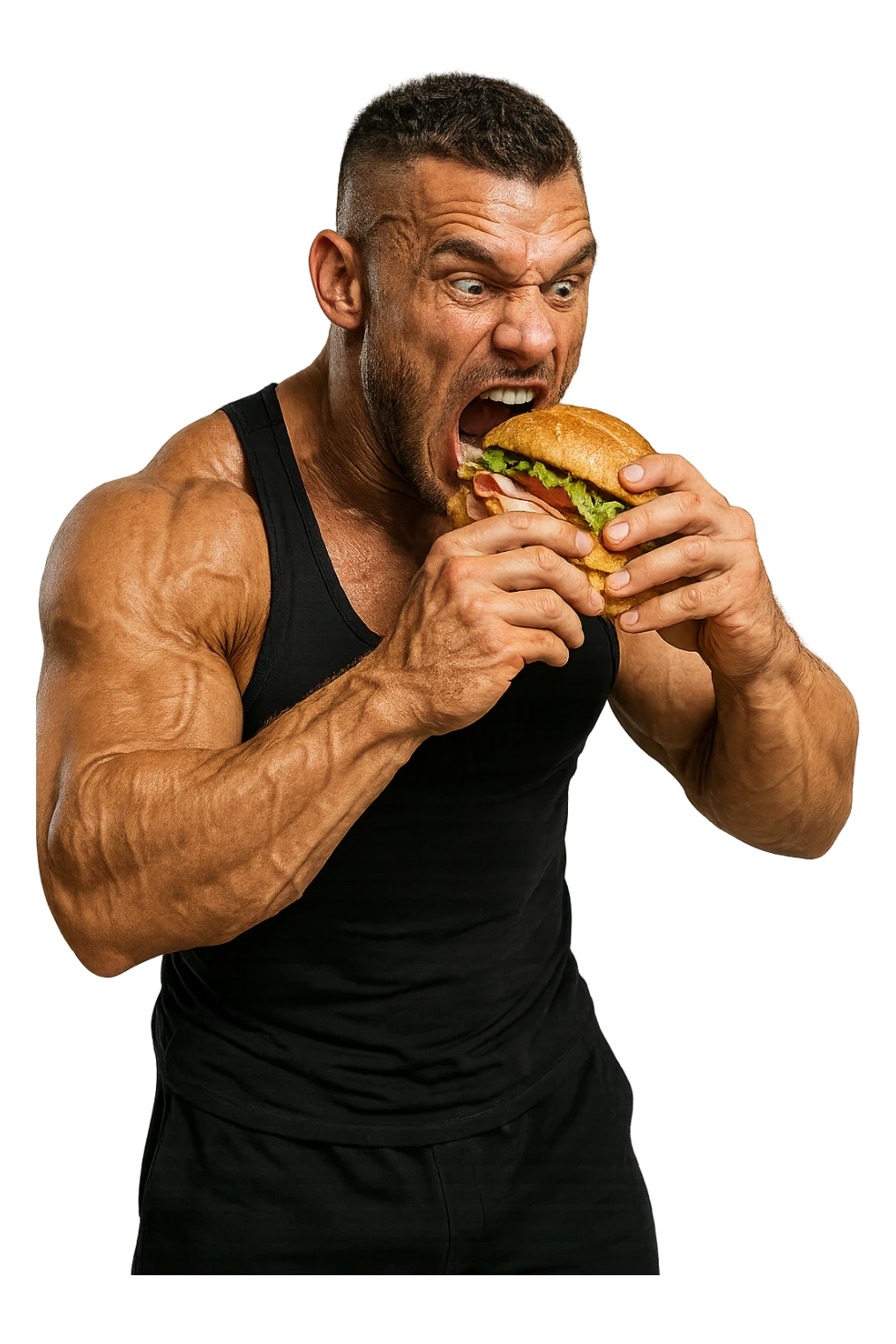 bodybuilder che mangia affamato un panino, iperrealistico 4k sticker