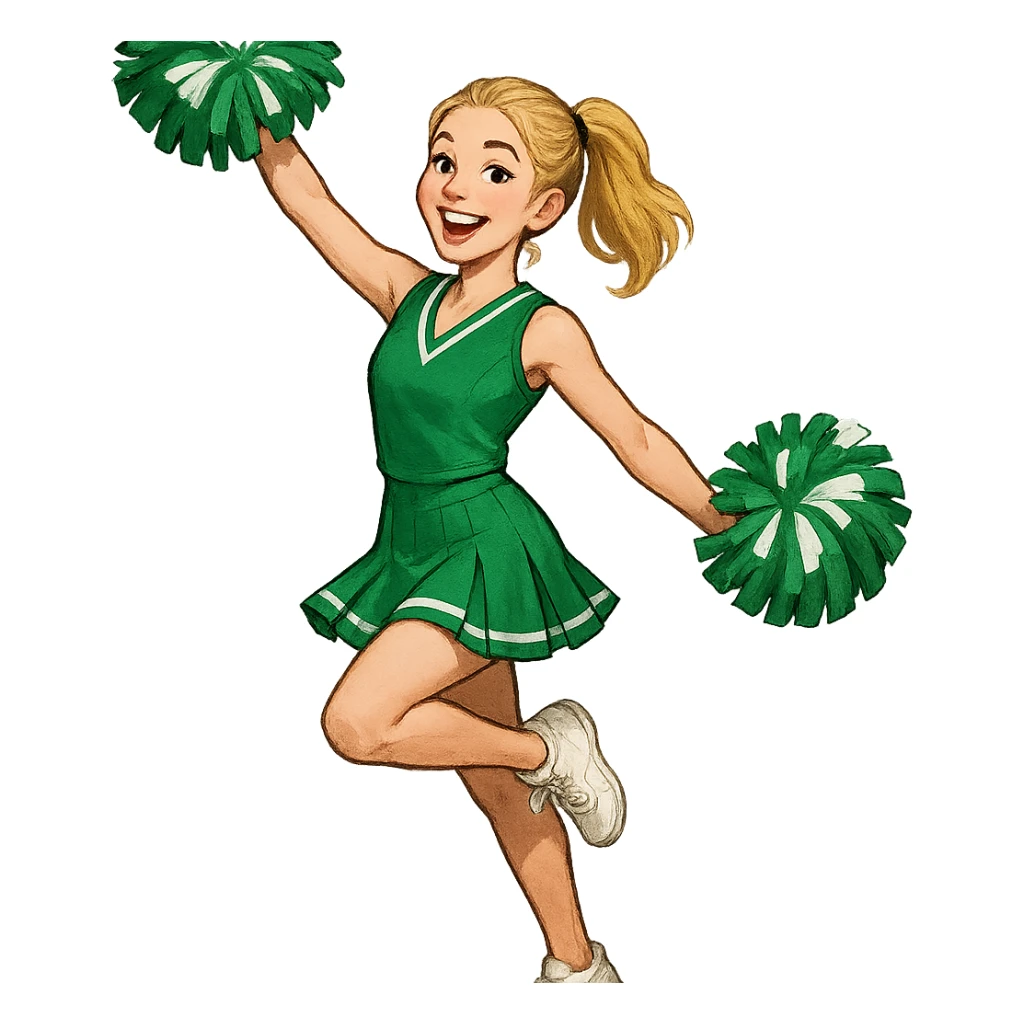 blonde cheerleader with ponytail, Kelly green uniform, holding pom-poms, dynamic stance, cheerful expression sticker