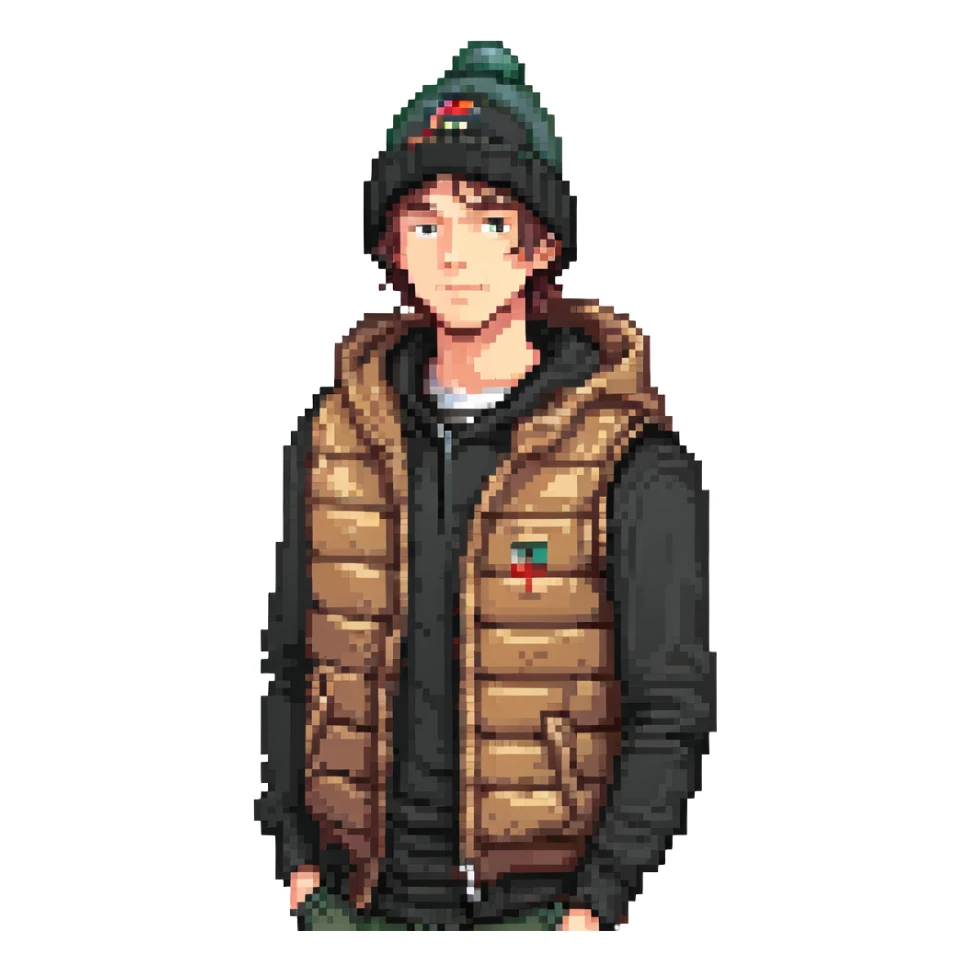 A guy in a hat, black hoodie, and a puffer vest sticker