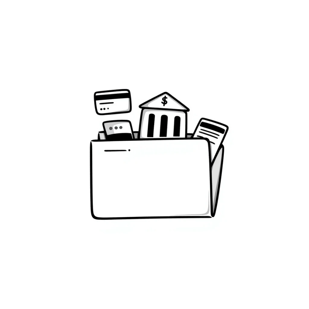 Closed folder icon with small symbols floating around: bank building, credit card, calculator, and document – organized financial archive sticker