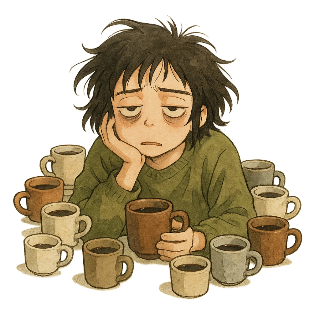 ghibli style illustration of someone surrounded by coffee cups, looking extremely tired sticker
