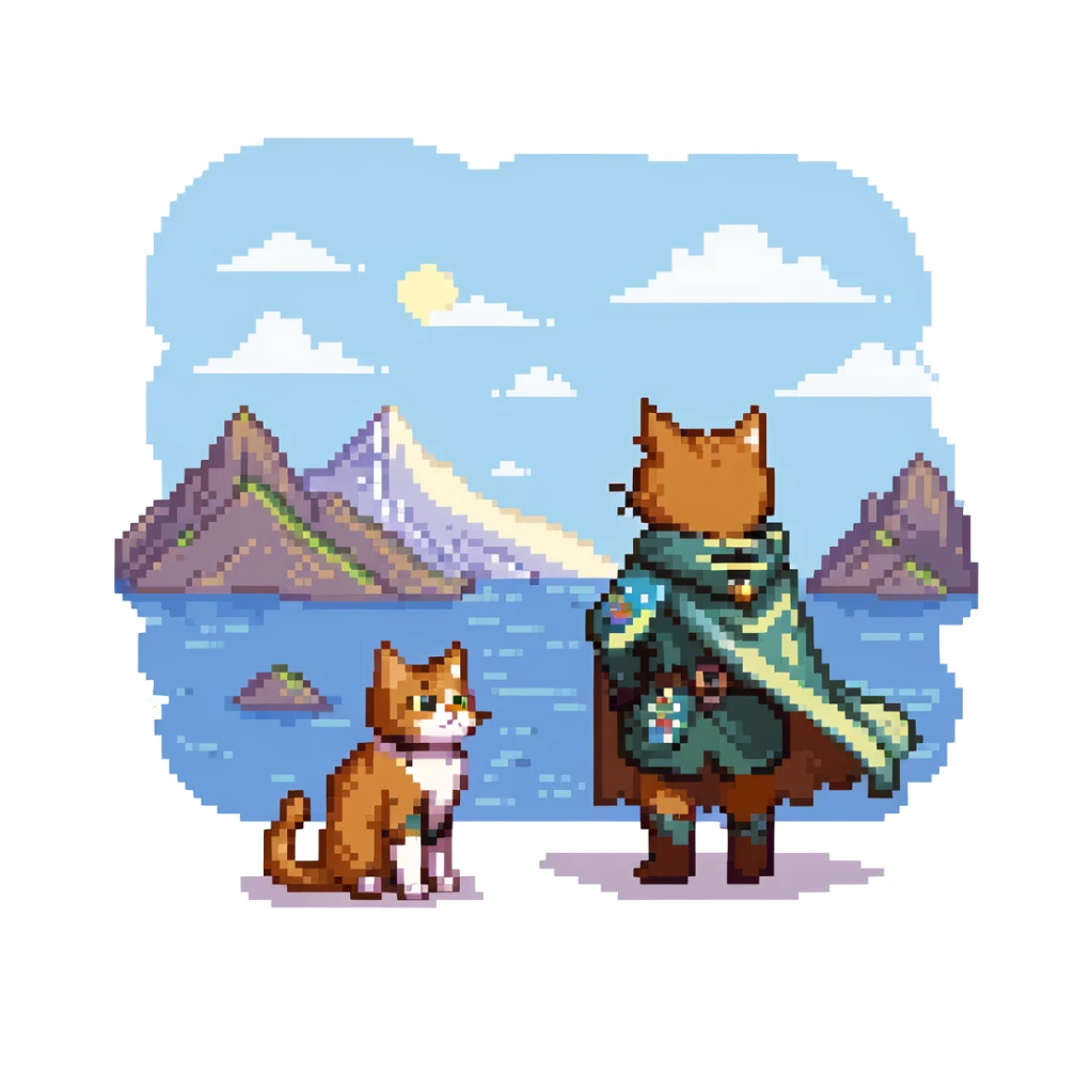 Explorer cat with map, mountain landscape with stars, wearing light explorer outfit with cape blowing in wind, gazing at horizon sticker