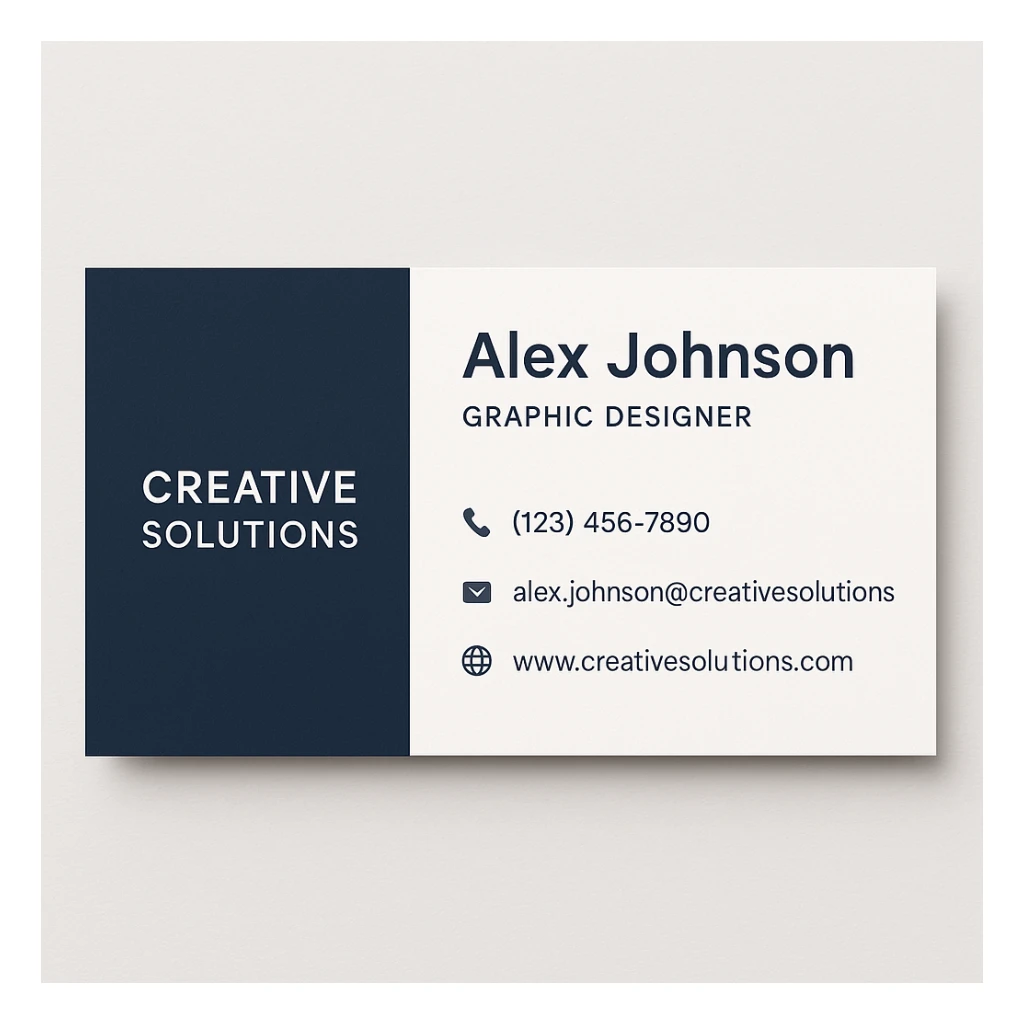 A modern and professional business card for Alex Johnson, Graphic Designer at Creative Solutions. The card should include the name, job title, company name, phone number (123) 456-7890, email alex.johnson@creativesolutions.com, and website www.creativesolutions.com. Use a clean, modern design with a professional color scheme. The card should have a minimalist design. sticker
