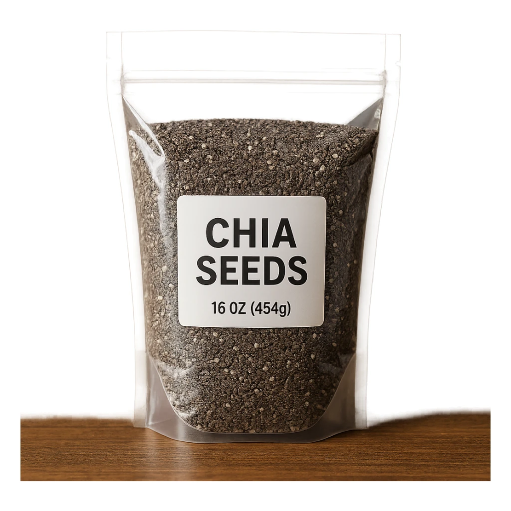 chia seeds, photorealistic, transparent bag with visible label sticker