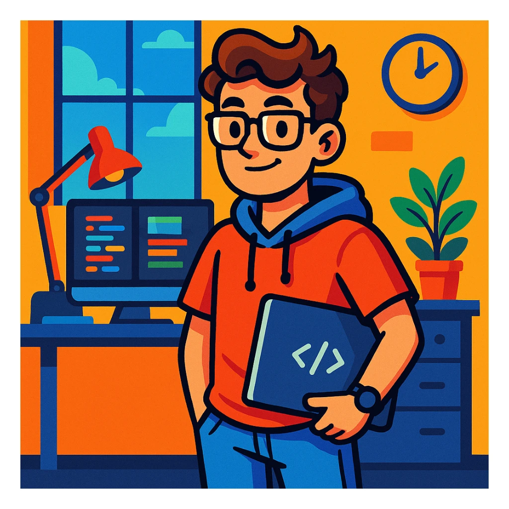 23-year-old programmer-entrepreneur, young adult with casual tech attire, holding a laptop, confident expression, modern workspace background, vibrant cartoon style sticker