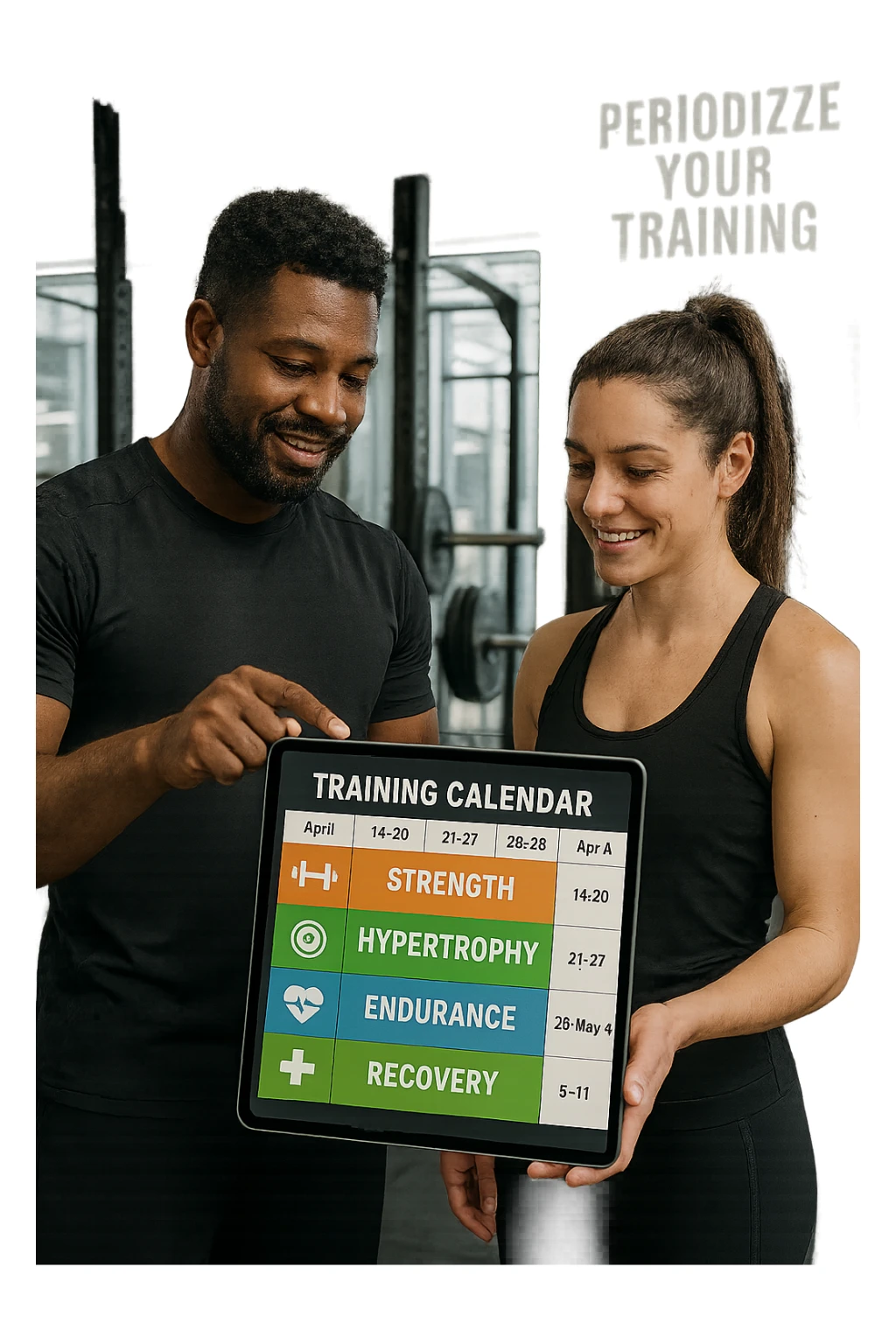 a personal trainer and a client stand in a modern gym, reviewing a large, color-coded training calendar or chart on a tablet. The calendar shows different phases (strength, hypertrophy, endurance, recovery) with icons and dates. Around them, gym equipment and motivational posters reinforce the idea of structured, periodized training. sticker