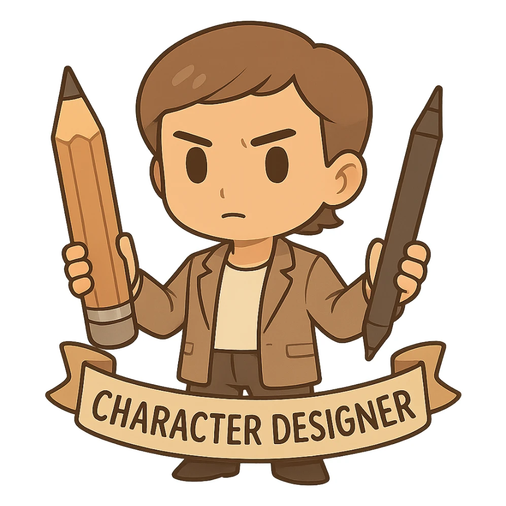 Make this chibi sticker character more serious and professional, keeping it gender-neutral. Give it a focused expression, sleeker art tools, and a more refined, modern look. No background. sticker