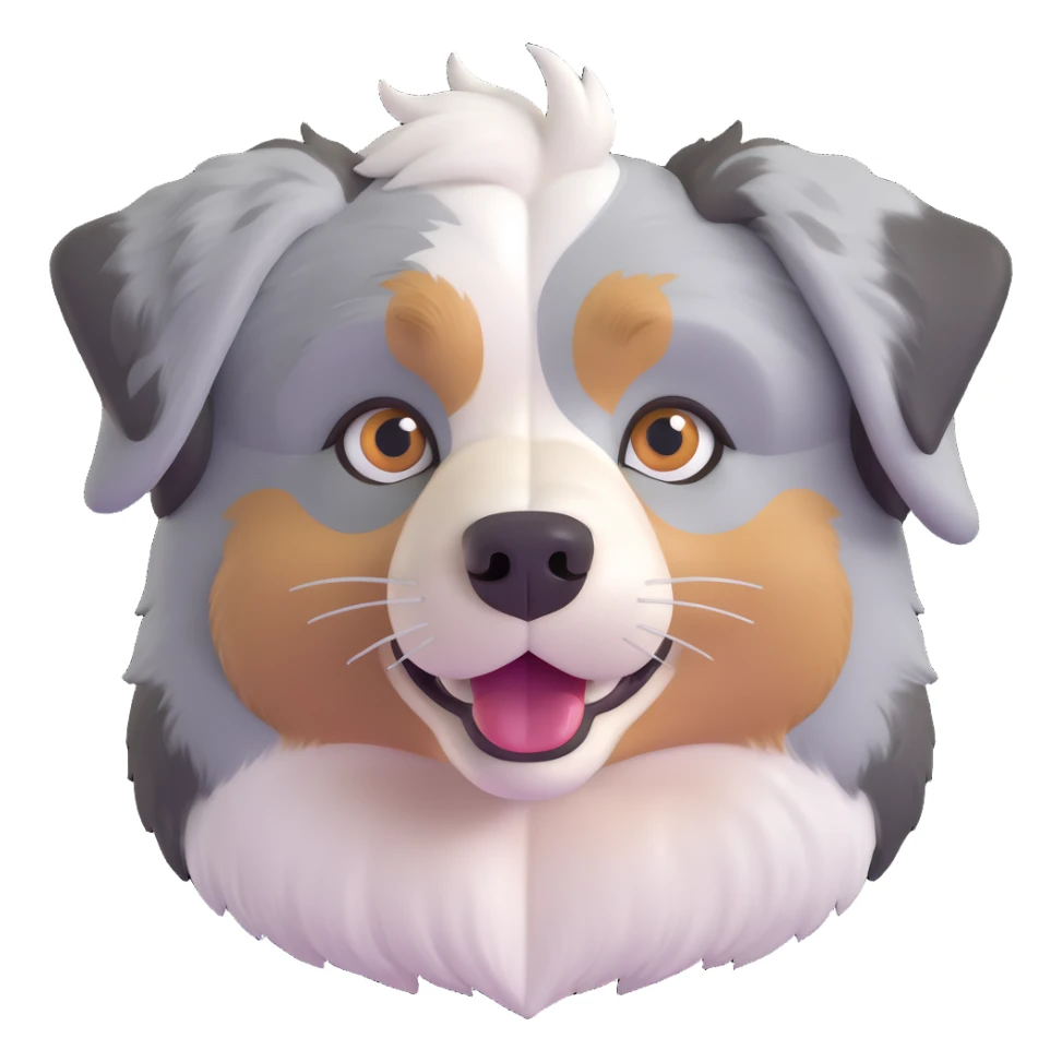Australian Shepherd dog face, cute expression, heterochromatic eyes, fluffy merle fur, sweet and friendly sticker