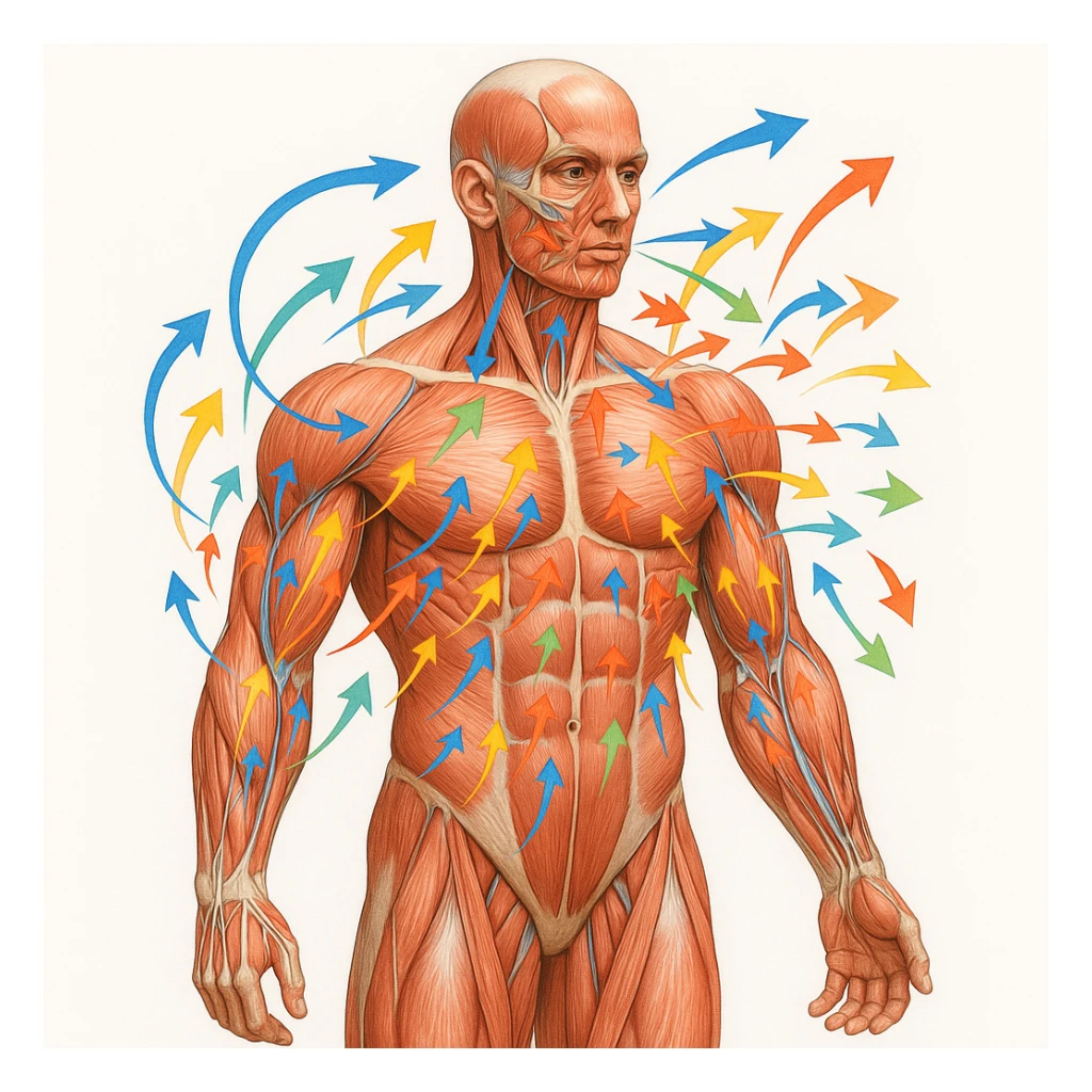 hyper realistic illustration of human body with large and small muscles highlighted, colorful arrows connecting muscles symbolizing hypertrophic growth physiology, anatomical details, educational atmosphere, white background sticker