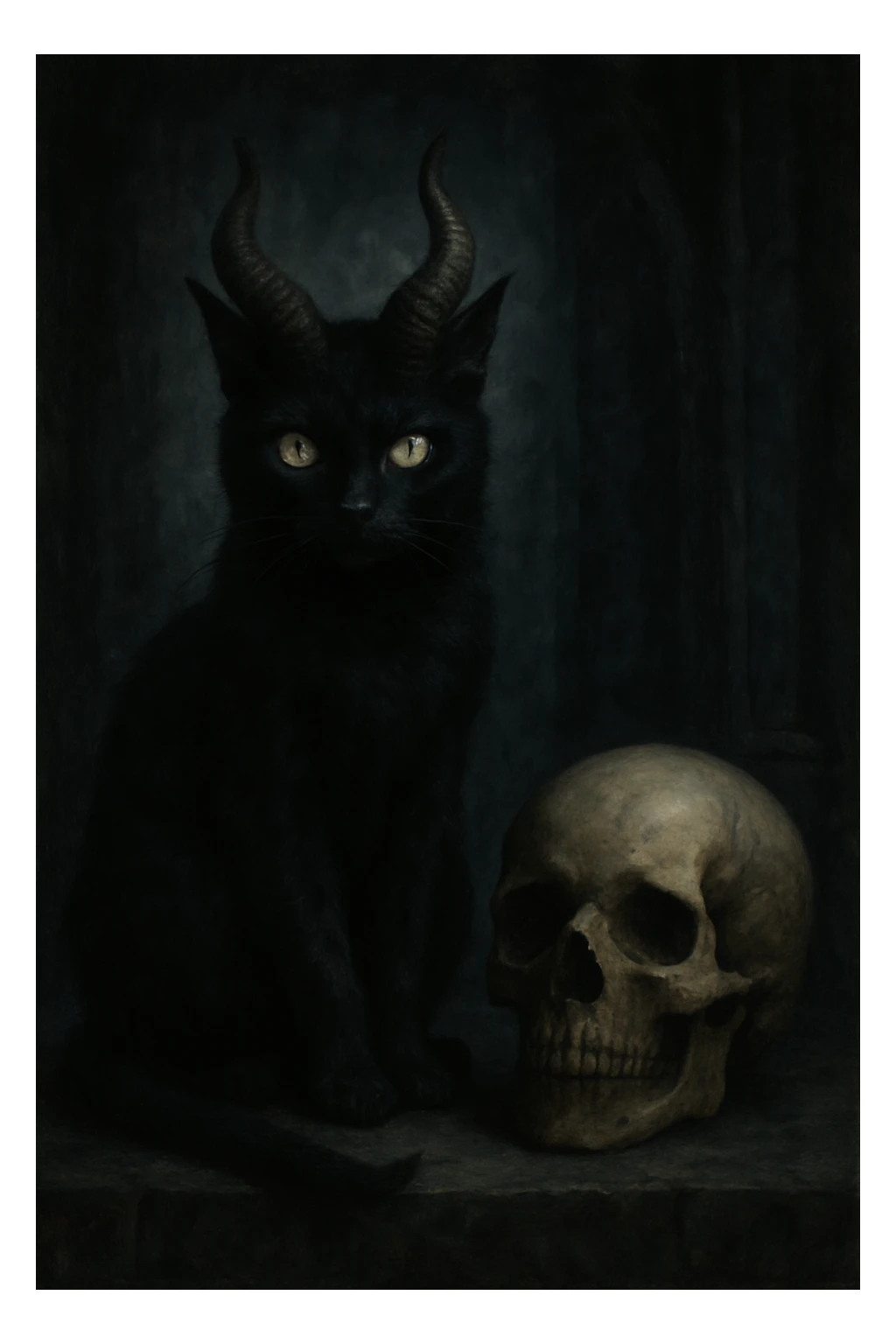 A black cat with prominent demon horns perched beside a human skull, mysterious and gothic, dark and atmospheric sticker