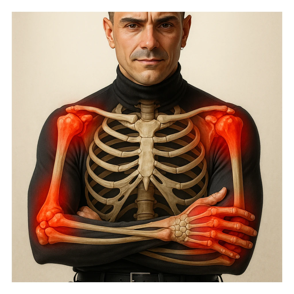 Create a series of 5 vertical images of a man (reference photo) with widespread joint pain, highlighting inflammation with an anatomical view. Show red zones on the joints, medical style, anatomical details, hyperrealism, variation 3. sticker
