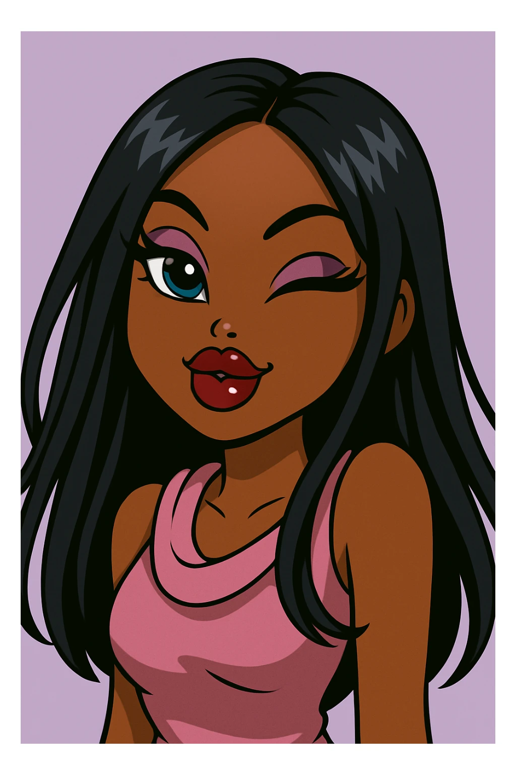 Remove the wink, keep both eyes open with a sassy attitude, headshot only, 20-year-old anime Bratz style woman with dark skin, straight hair, bold colorful fashion-forward look, big expressive eyes, glossy lips, no hat, no tears, confident and playful expression, in anime Bratz style. sticker